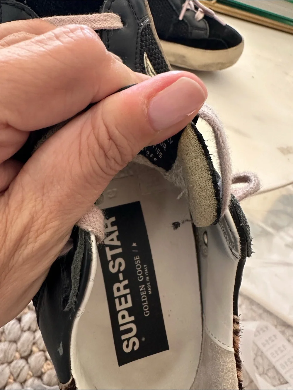 Golden Goose Superstar black leather and mesh upper golf star leopard back size